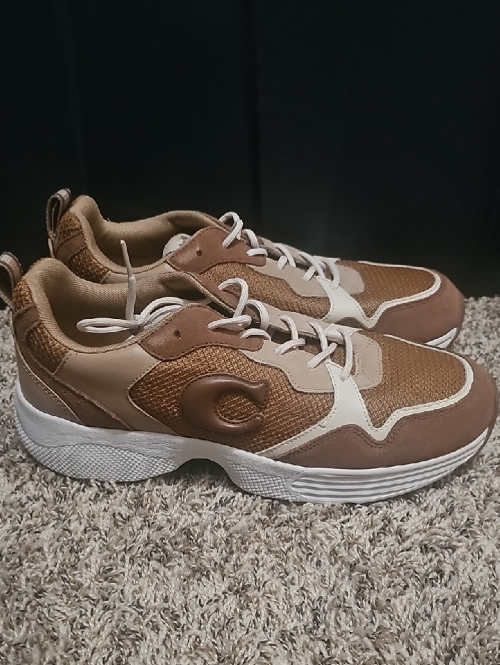 Coach Men's Brown and Cream Chunky Runner Sneakers with White Sole